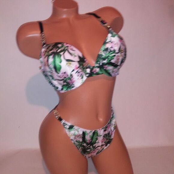 Victoria Secret Bra Set 38C Push Up XL Thong Panty Gold Chain Floral Tropical